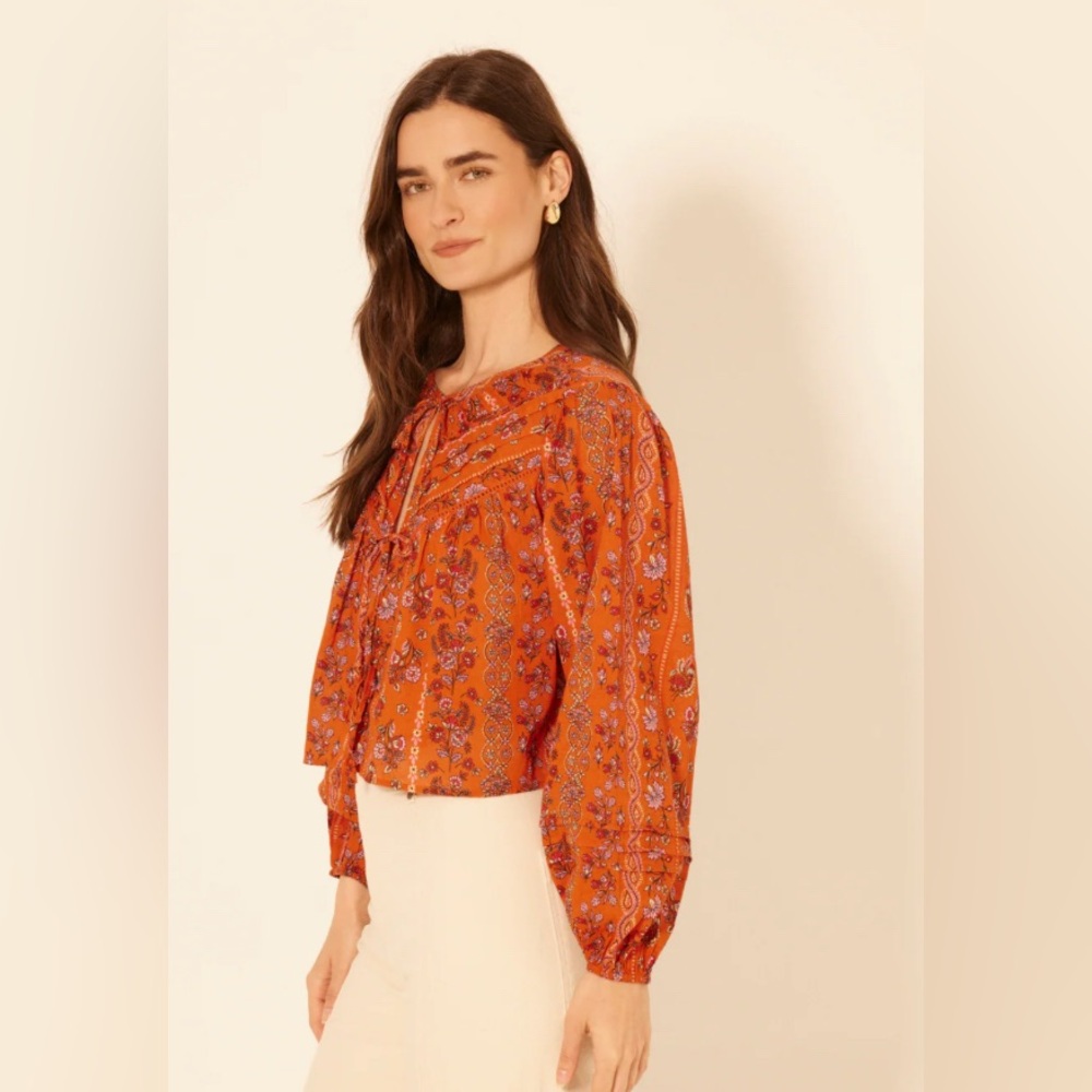 Bila Rust Floral Tie-Front Boho Blouse